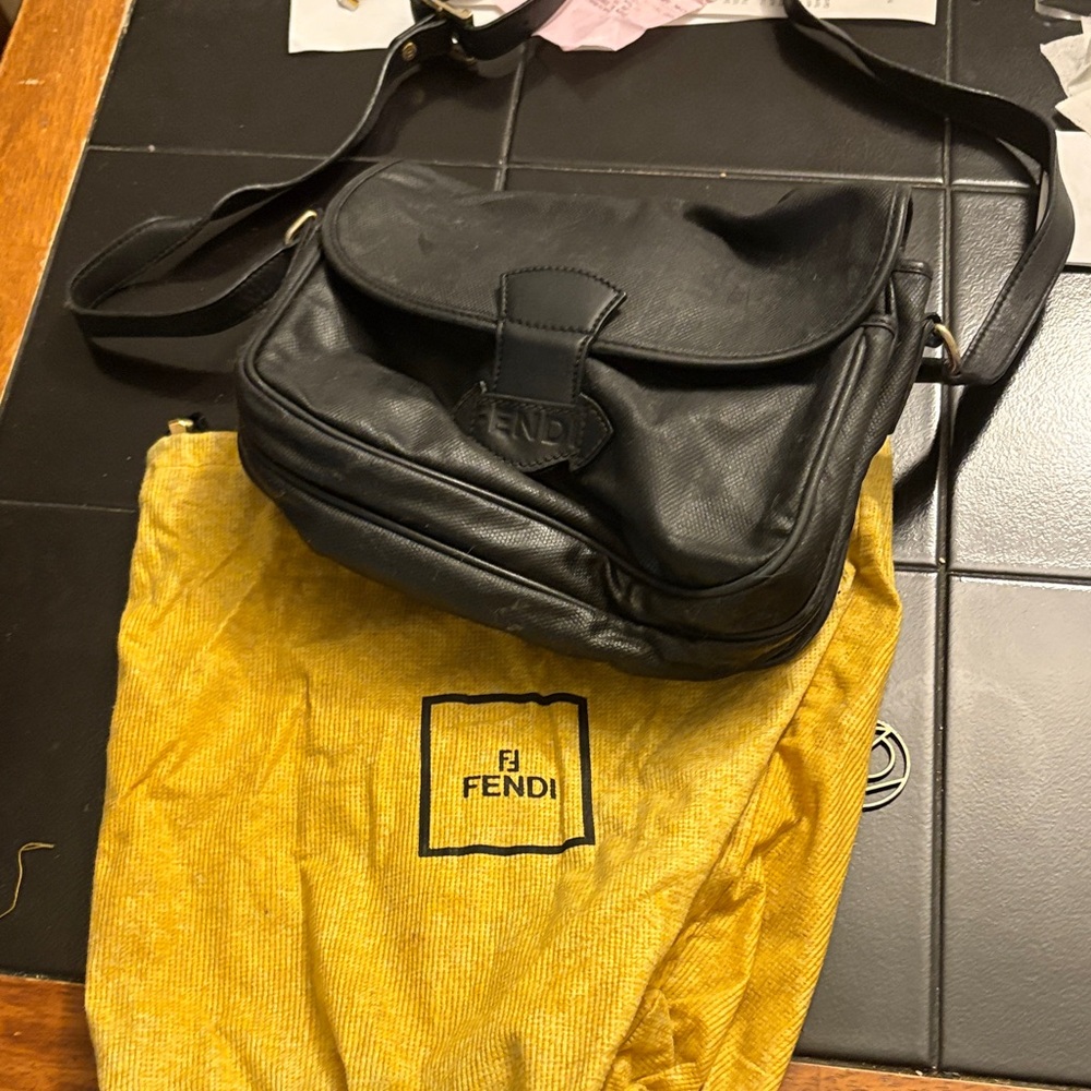 Fendi Black Leather Messenger Bag with Yellow Dust Bag